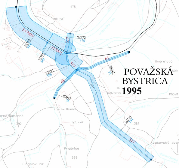 Vývoj počtu cyklistov v Považskej Bystrici v rokoch 1995–2010. Šírka obdĺžnika na jednotlivých úsekoch ciest odpovedá počtu cyklistov v špičkovej hodine.